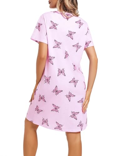 Image of ENJOYNIGHT Womens Cotton Nightgown Short Sleeve Sleepshirt Print Nightshirt | Short-Sleeve Crew Neck, Soft Cotton Fabric, Cartoon Printed Sleep Shirt, Loose Fit