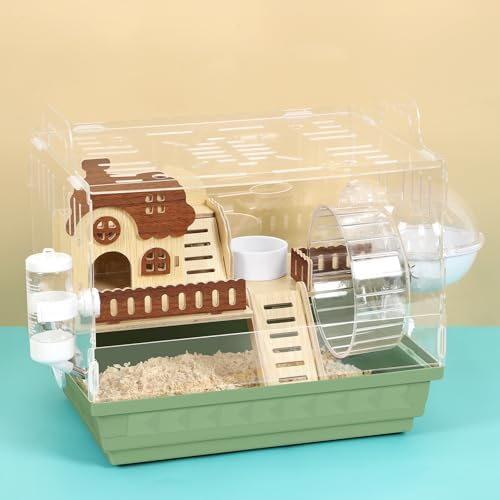 Acrylic Hamster Cage 2-Tier Dwarf Hamster Cage Small Hamster Habitats with Accessories Kit, Clear Gerbils Syrian Hamster Enclosure, Green Pet Mice House, 13.3" L x 10.2" W x 12.4" H