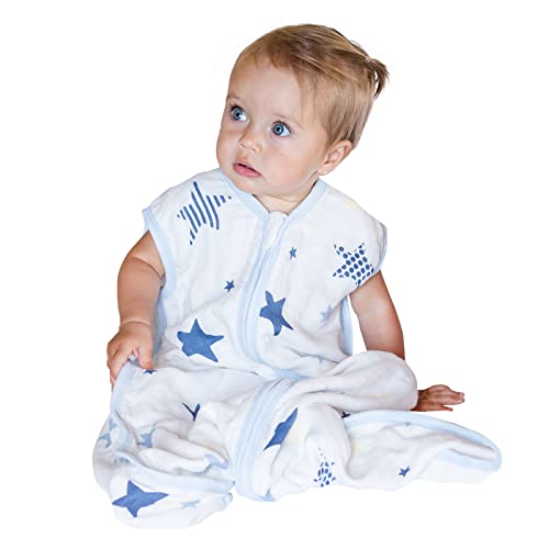 Molis & Co Premium Muslin Baby Sleeping Bag And Sack 18-36 Months, 0.5 Tog Lightweight Unisex Toddler Wearable Blanket, Blue And Beige, #TOP9
