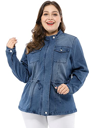 Agnes Orinda Women's Plus Size Denim Jacket Stretch Stand Collar Zip Drawstring Jean Jackets 20242