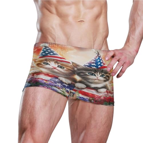 July 4th American Flag Kitten Cat Cute Mens Swim Trunk Swimwear Swim Brief Square Leg Board Short S S04071113