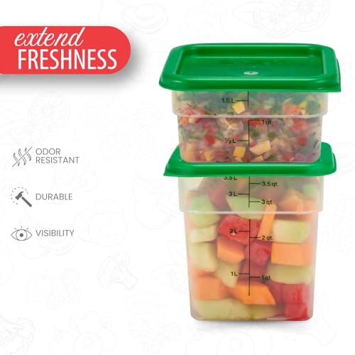 Image of Cambro Food Storage Container with Lid (Microwave Safe and BPA-Free) - 2 Pack - Classic Series Square with Green Lid - 2 and 4 QT (Quart) - Commercial Grade for Food Prep (Translucent)