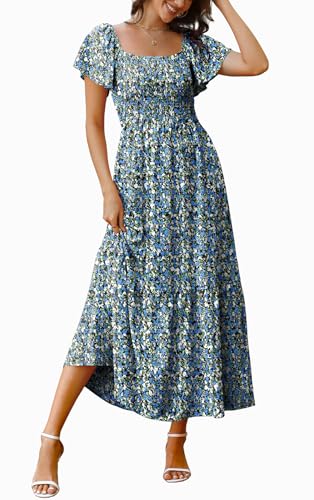 Image of OFEEFAN Summer Dresses for Women Square Neck Ruffle Sleeve Smocked Maxi Dress with Pockets