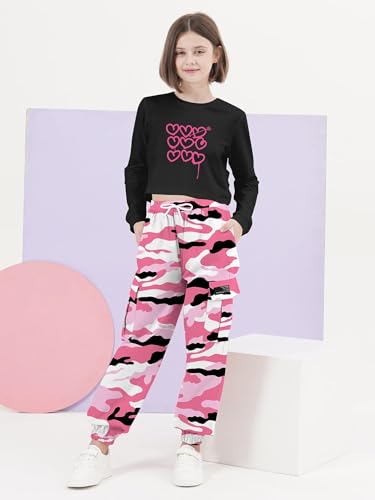 Image of SANGTREE Girls Fall Winter Clothing Sets, Girls Long Sleeve Crop Top and Cargo Jogger Pants Outfit Set,4T-14 Years