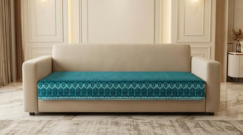 Image of Velvet Quilted Sofa Cover Mat Seat & Back, L Shape 4+3, Main L90in Chaise L69in H32in, Peacock Blue Color,Anti Skid Backing, 6in Hanging Strap Design, Style -PeacockBlue-L43