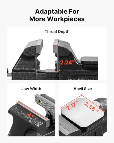 Image of VEVOR Heavy Duty Bench Vise, 4 inch Jaw Width, Multi-Purpose Ductile Iron Bench Vise with Anvil and 360-Degree Locking Swivel Base, 2.24 inch Throat Depth, 4.7 inch Max Jaw Opening, for Drilling, Pipe Cutting