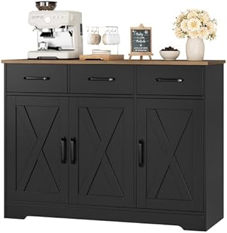 HOSTACK Modern Farmhouse Buffet Sideboard Cabinet, Barn Doors Storage Cabinet with Drawers and Shelves, Wood Coffee Bar with Storage for Dining Room, Kitchen, Living Room, Black/Rustic Brown