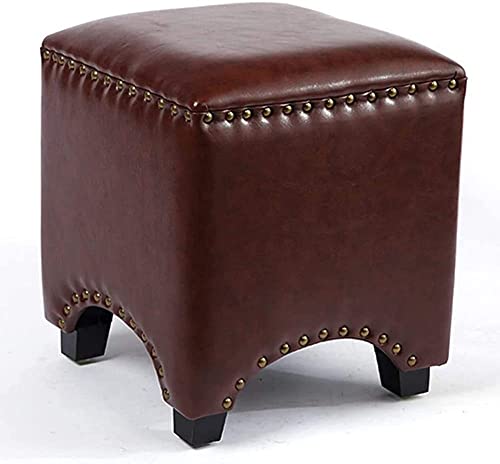 Taburete de pie de piel sintética de cera de aceite hecho a mano, reposapiés para maquillaje, tocador, sofá, mesa de café, taburete, asiento de puffe, silla otomana (cuadrado), silla marrón para