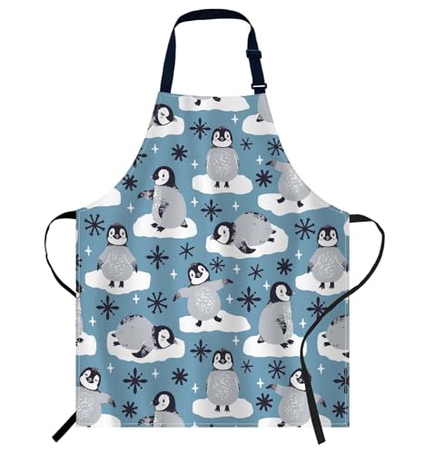 Smooffly Cute Penguins and Snowflakes Apron Adjustable Neck Bib Apron for Men and Women Suitable for Kitchen Cooking Waitress Chef