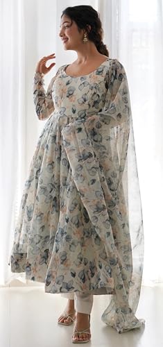 Image of Shasmi Women's Georgette Anarkali Floral Printed Kurta With Pant & Dupatta (Ankle Length Dress 114)