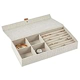 VARIOS COMPARTIMENTOS: Esta caja organizadora tiene cuatro compartimentos del mismo tamaño para collares, pulseras o broches, así como varias ranuras para anillos, pendientes o colgantes.