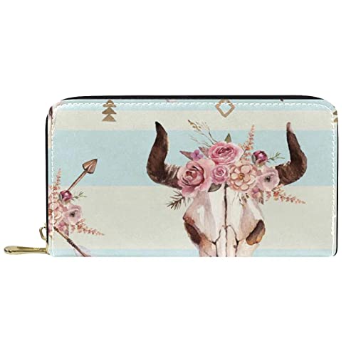 WOSHJIUK Carteras Grandes Tarjetero de Piel sintética,Flor Flecha Toro cráneo,Cambiar Monedero de Almacenamiento para Mujeres y Hombres