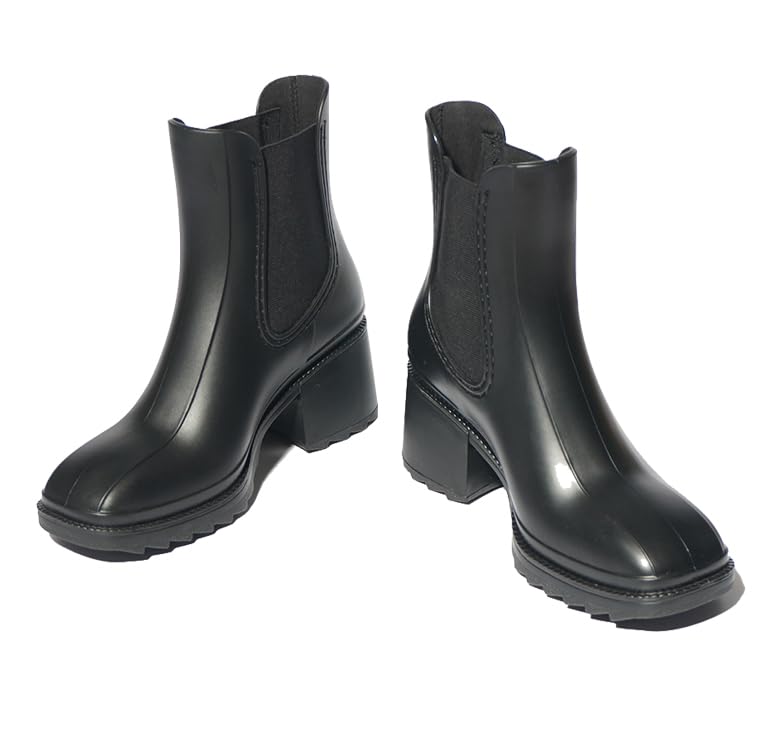 Cai Black Heeled Women Boots | Easy Slip on - Ankle Length | PVC made Water Proof | Casual & Party Boots for Women