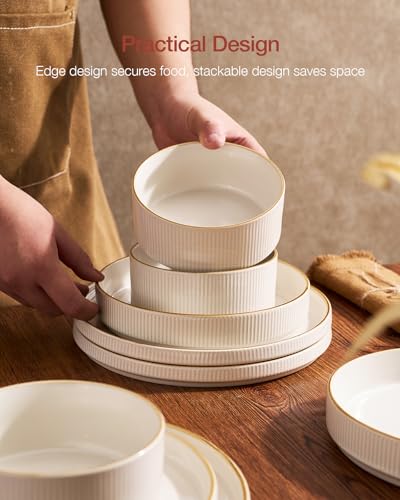 image for Famiware Star Dinnerware Set, Plates and Bowls Sets for 4 (12pcs), Rib