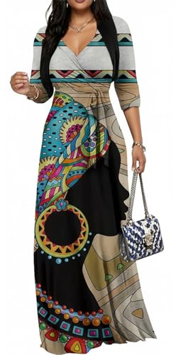 Image of Women's Church Maxi Wrap V Neck 3 /4 Sleeve Tie Waist Plus Size Long Dress | Flattering wrap V-neck design enhances curves. High elastic tie waist accentuates the slimmest part, hides tummy.