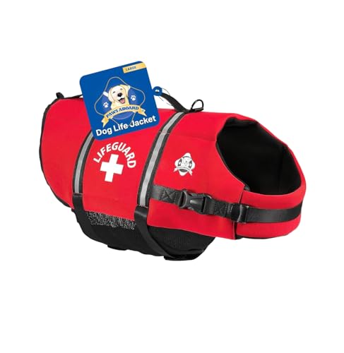 Paws Aboard Dog Life Jacket - Swimming Vest for Dogs, Adjustable, Reflective, Comfortable, Multiple Colors, Patterns, XX-Small to Extra Large Dog Swim Vest with Handle (Red, Large)