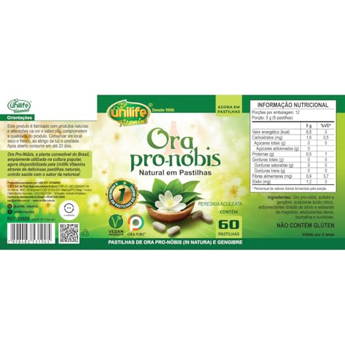 Ora Pro-Nóbis Natural e Gengibre Unilife 60 Pastilhas