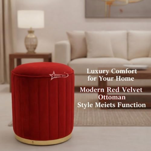 Image of Upholstered Round Linen Strip Stool Living Room Foot Rest Office Stool Pouf Ottoman Padded Seat - RED