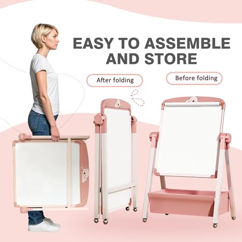Chidiam Kinder Tafel Staffelei mit Papierrolle Metall Kindertafel Doppelseitige Whiteboard Und Kreidetafel 360 drehbare Höhenverstellbar Standtafel mit Zahlen und Anderem Zubehör für Kinder