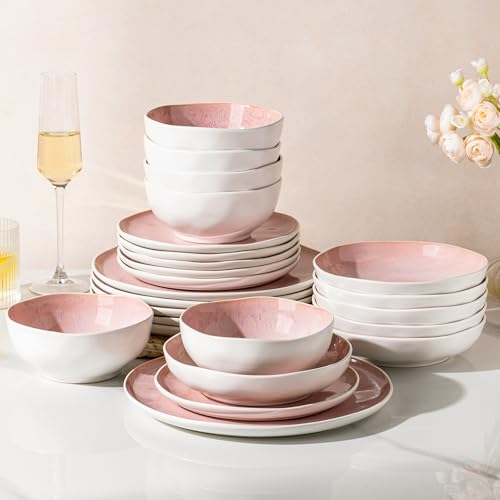 Image of GBHOME Stoneware Dinnerware Sets for 6, 24 Pieces Rustic Ceramic Plates and Bowls Set, Handmade Reactive Glaze Plate Sets, Highly Chip Resistant Dishes, Microwave & Dishwasher Safe, Pink