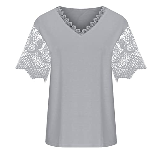 Tshirts for Women Summer Fall Short Sleeve Lace Vneck Neck Loose Fit Long Keyhole Eyelet Tops T Shirt Women 20243