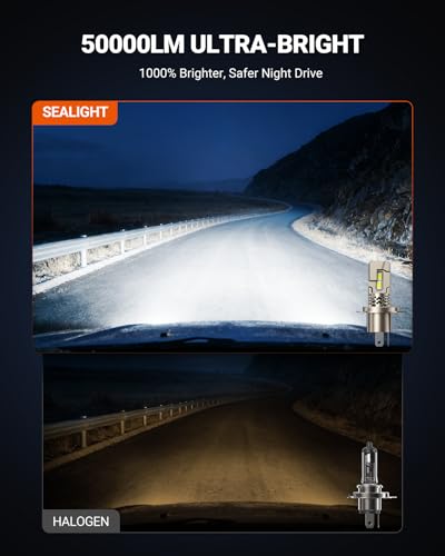 Image of SEALIGHT H4 LED 50,000LM Super Bright 9003 Light Bulbs, 1:1 Size Original Bulbs, 70000Hrs Lifespan with 25000RPM Cooling Fan, IP68 Waterproof, 3MIN Play and Plug, Pack of 2
