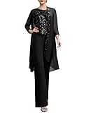 VK Selec Pants Suit for Women Dress Black Casual 3 Piece Outfits for Wedding Casual Chiffon Wide Leg Pant Sets
