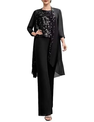 VK Selec Pants Suit for Women Dress Black Casual 3 Piece Outfits for Wedding Casual Chiffon Wide Leg Pant Sets
