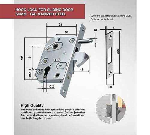 DOJA Barcelona Sliding Door Mortice Lock, 50mm, Mortise Hook Lock for Sliding Doors Hook Lock Sliding Door, Mortice Door Lock - Image 3