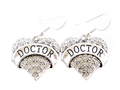 Doctor MD Physician Doc Silver Plated Clear Crystal Heart Earrings Jewelry