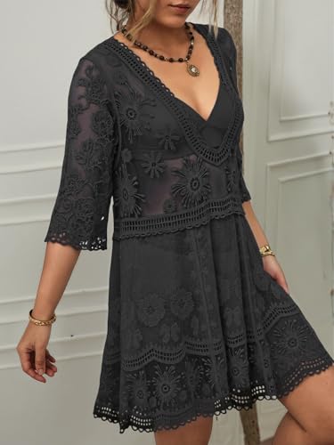 Image of Eomenie Women's Contrast Lace Bathing Suit Cover Up V-Neck Swimsuit Coverups Loose Swimwear Beach Dress Beachwear