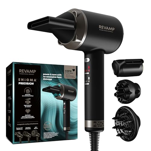 Sèche-cheveux ionique REVAMP Enigma avec moteur intelligent et 4 accessoires