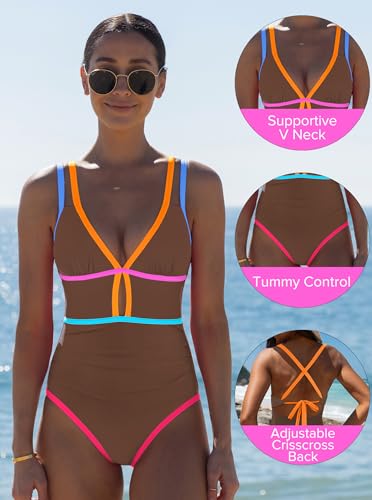 Image of popvil Women One Piece Swimsuit 2026 Tummy Control Sexy Cutout Neon Color Block Bathing Suit Slimming Adjustable Swimwear