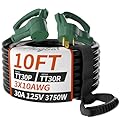 PlugSaf 10 FT 30 Amp RV Extension Cord Outdoor with Grip Handle, Flexible Heavy Duty 10/3 Gauge STW RV Power Cord Waterproof with Cord Organizer, NEMA TT-30P to TT-30R, Black-Green, ETL Listed
