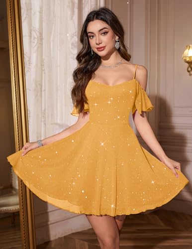 Image of Meetjen Women's Short Cocktail Dresses for Teens Formal Homecoming Sparkly Off Shoulder Tulle Sequin Prom Party Dress