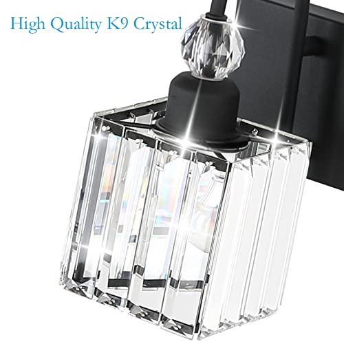 Image of Ralbay Modern Crystal Black Vanity Light 3 Light Bathroom Light Fixtures Over Mirror Matte Black Crystal Bathroom Wall Lighting