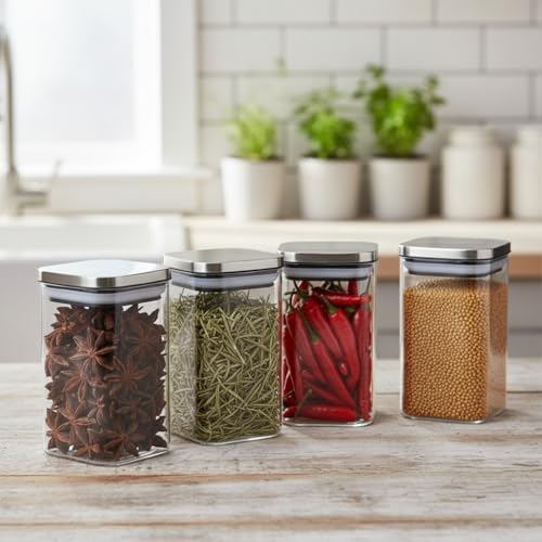 Image of ginoya brothers Airtight Borosilicate Glass Square Jar With Wooden Or Steel Lid Multi-Size, Container for Spices, Coffee, Grains, Snacks & Kitchen Organization (4, STEEL LID, 270 ML)