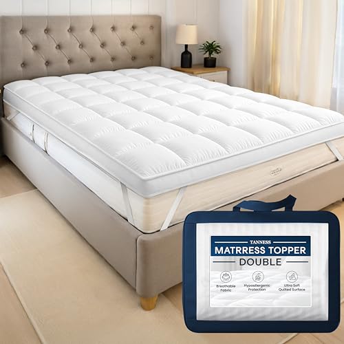 Tanness Double Mattress Topper - 4 Inch 10cm Thick, Extra Deep, Quilted, Soft & Fluffy Microfiber, Hypoallergenic, Extra Warmth & Comfort, Machine Washable, Elastic Straps for Secure Fit