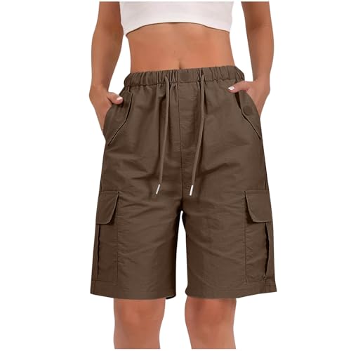 RLEHJN Cargo Shorts Women UK Clearance, Ladies Bermuda Shorts Baggy Short Cargo Pants with Multiple Pockets Summer Drawstring Elasticated Waist Half Pants for Outdoor Hiking Work Travel Golf Coffee