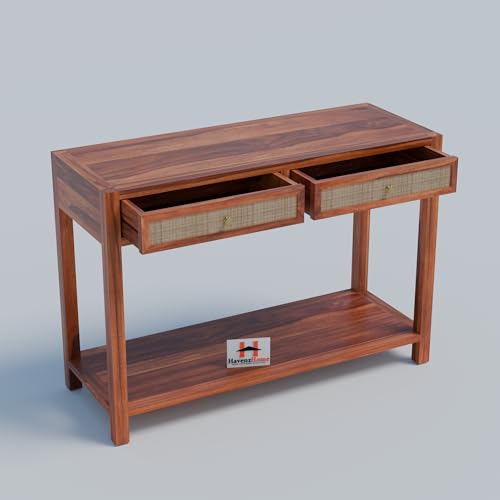 Image of Solid Wood Console Table with 2 Drawers & Bottom Shelf Storage for Living Room, Entryway, Hallway, Bedroom & Office | Honey Finish | 42 x 15 x 30 Inch