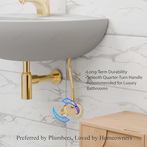Image of InArt Heavy-Duty Brass Angle Valve for Bathroom & Kitchen | Leakproof 1-Way Angle Stop Cock with Wall Flange | Glossy Gold - 5 Year Warranty