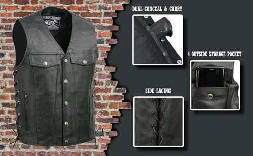 Image of EVENT LEATHER EL1310GO Men's Classic Western Style Snap Button Black Motorcycle Riders Leather Vest
