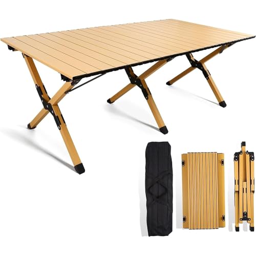 Folding Camping Table, 120×60×43cm Lightweight Roll-Up Table with Wood Grain Finish, Portable Collapsible Picnic Table with Carry Bag for Outdoor, Beach, BBQ, Party, Travel