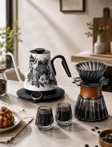 Image of Cocinare Blossom Gooseneck Electric Kettle & Pour Over Coffee Set, ±0.5F Temperature Control, 1500W 0.9L Kettle, Coffee Dripper, 550 ml / 18.6 oz Server & 2 Tasting Cups