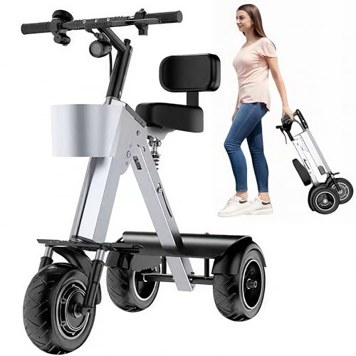 HNBYLMM Patinete eléctrico de 3 Ruedas para Adultos, Triciclo eléctrico Plegable Ligero con Respaldo y Asiento, Motor de 450W, batería de 36V 10Ah, Capacidad de 150 kg, para desplazamientos y Viajes