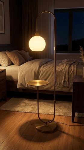 Image of Divine Trends Modern Table Shelf LED Floor Lamp Standing Brass Antique Finish 5ft Height with Shelf Diameter 10 Inches and Glass Milky White Globe Lampshade (Pack of 1)