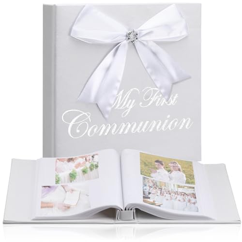 Cinnvoice 200 Pcs First Communion Photo Album Holds 4 x 6 Inch Photo Holy Album White Leather Scrapbook (My First Communion)