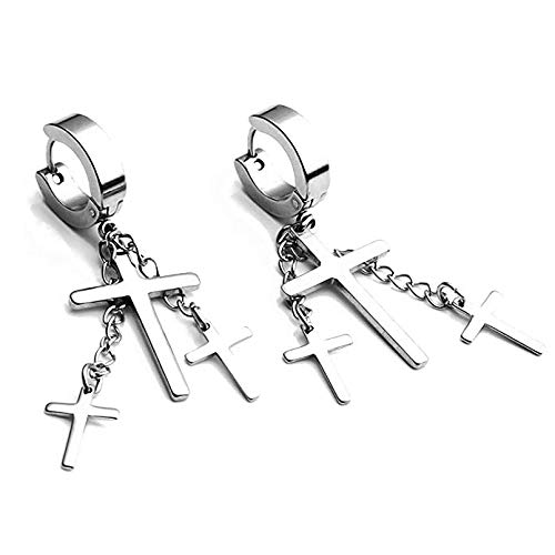 YZstyle Men‘s Women’s 18G Post Huggie Dangle Earring Cross Drop Hoop Ear Lobe Piercing Ring Stud Stainless Steel Black Gold Silver (silverE051)