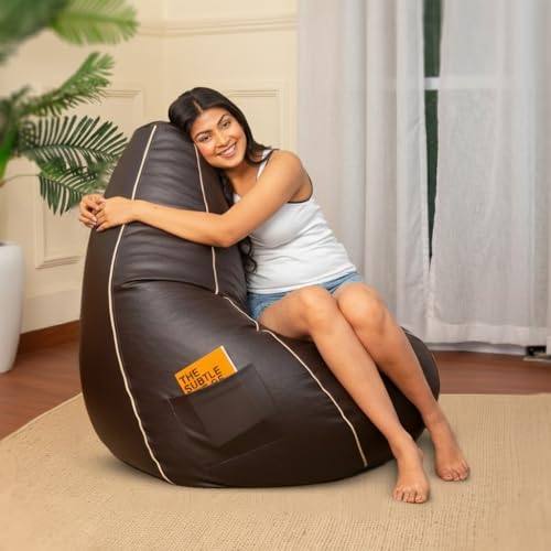 Image of Sattva Classic 4XL Bean Bag Chair with Beans Filled | Sofa Style Faux Leather Beanbags with Beans Filling | Comfortable Bin Bags Sofa for Adults & Teens, Living Room & Office | Brown with Beige Piping