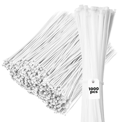 Bolt Dropper 11-Inch White Zip Ties, 1000-Pack - Heavy Duty Self-Locking Nylon Cable Ties with 50 lbs Tensile Strength - Indoor and Outdoor Cable Management Wire Tie - UV Resistant Zip Tie Wraps